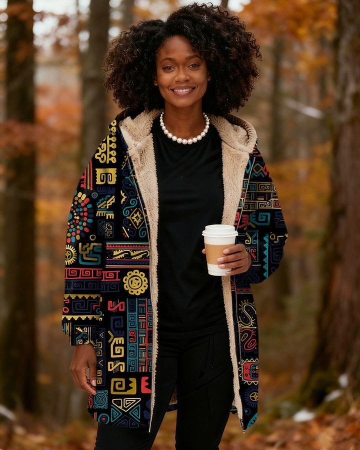 Modern Abstract African Art Long Sleeve Zip Wool Long Coat