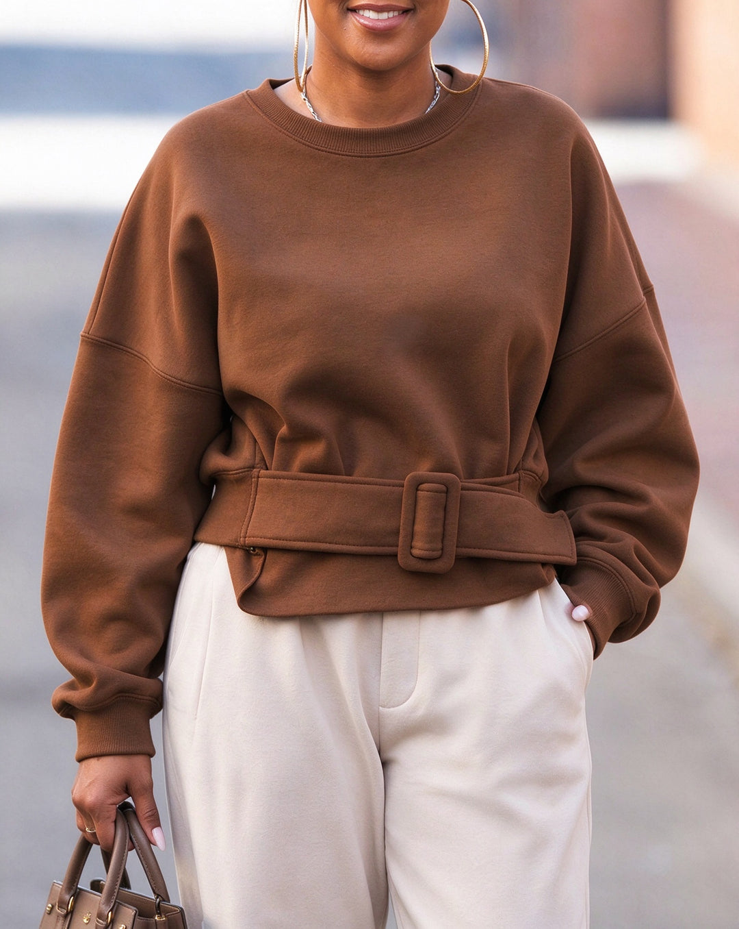 Women's Oversized Crewneck Sweatshirt with Matching Waist Belt