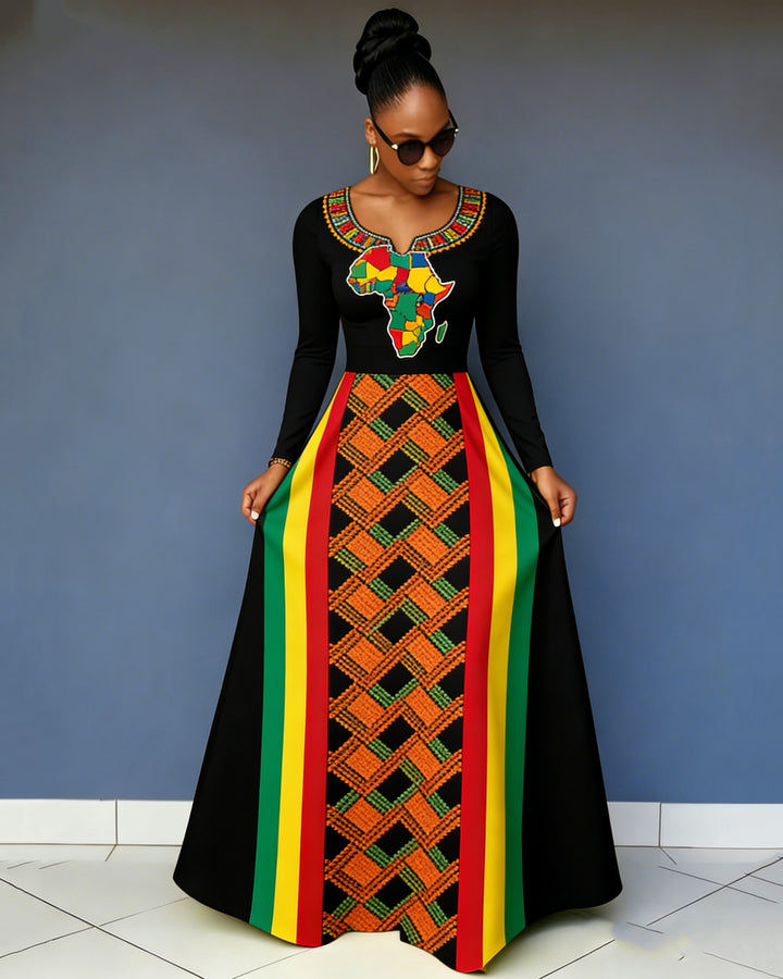 V-Neck African Map Reggae Color Splicing Long-Sleeved Pocket Maxi Dress