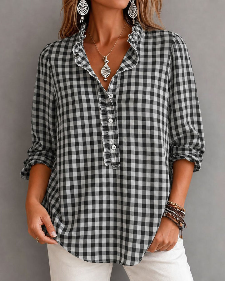 Striped Plaid Ruffle Trim Long Sleeve Casual Blouse