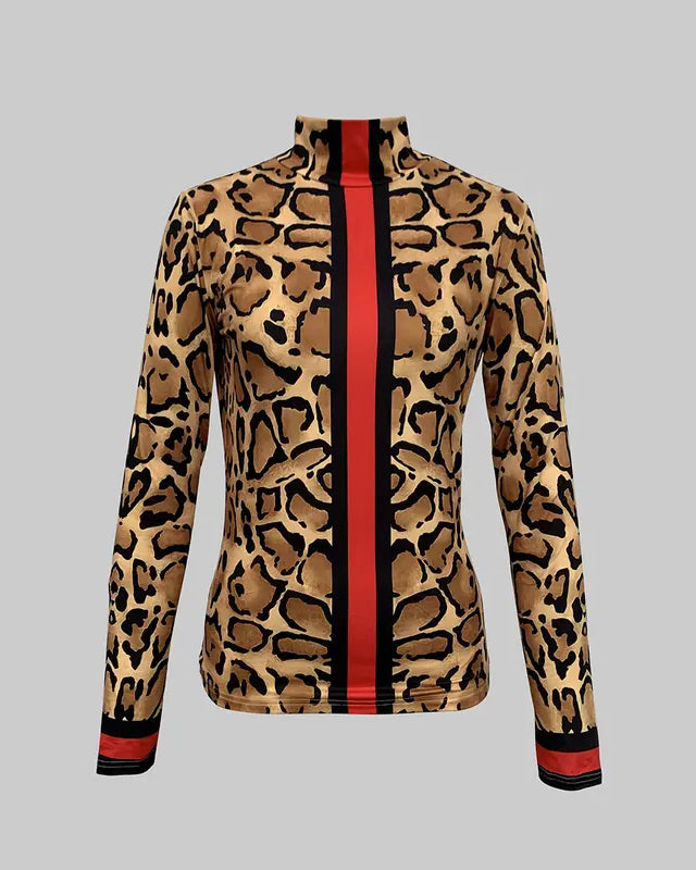 Classic Leopard Print and Stripes Turtleneck Tight Fit Long Sleeve T-Shirt
