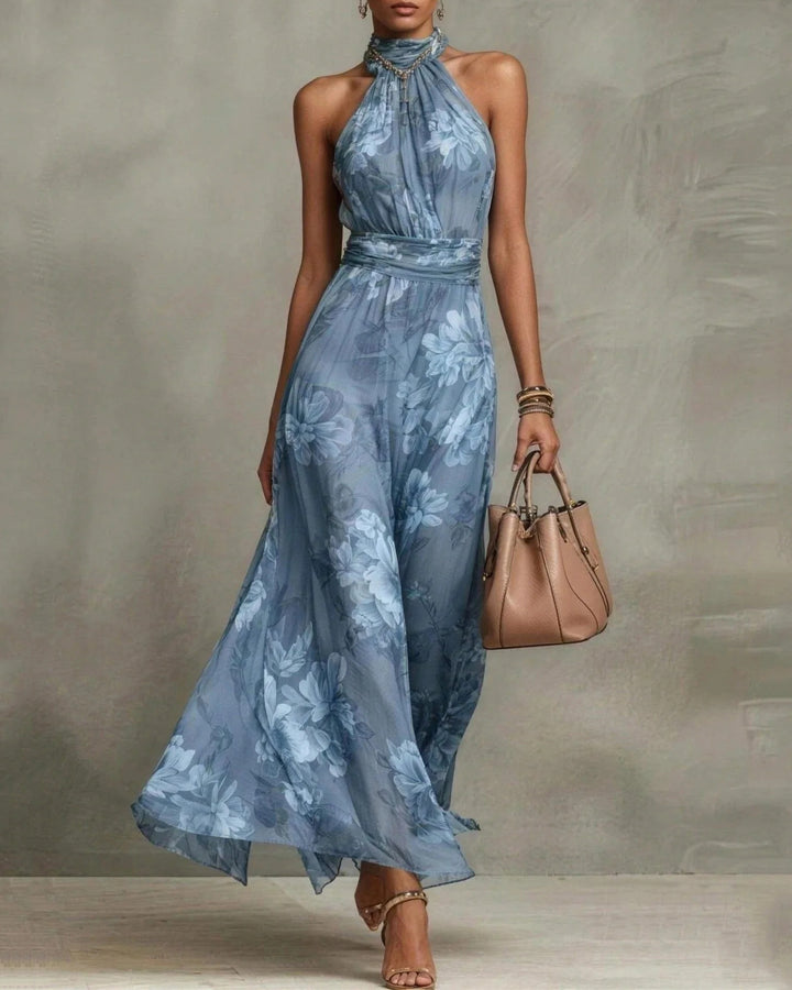 Chiffon Flowers Sleeveless High Waist Floral Print Maxi Dress