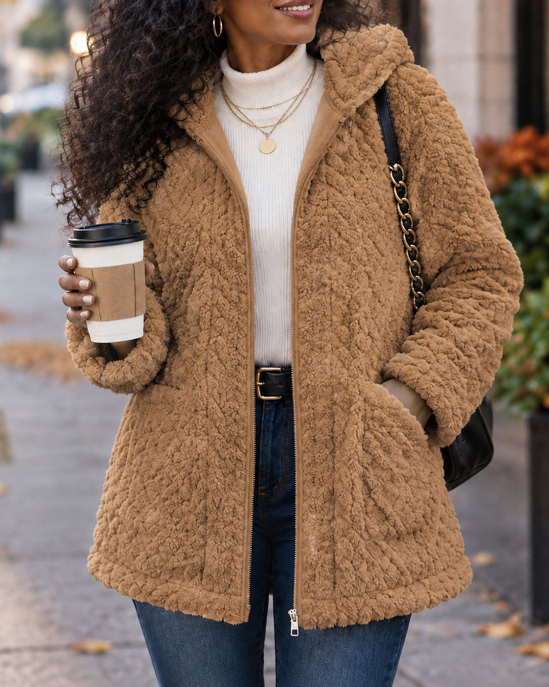 Women's Hooded Sherpa Fleece Full Zip Cable Textured Jacket