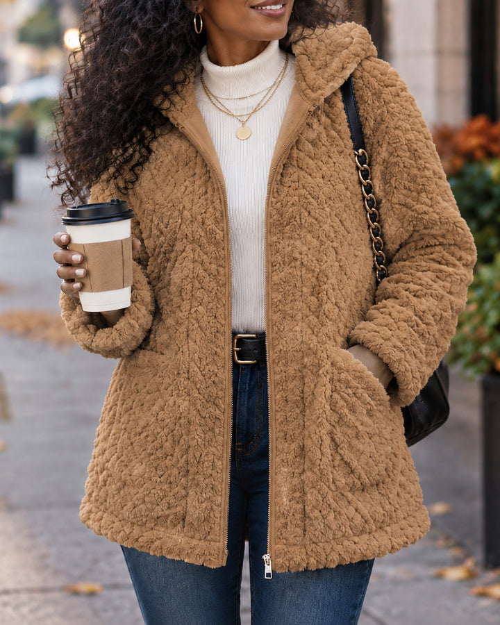 Women's Hooded Sherpa Fleece Full Zip Cable Textured Jacket
