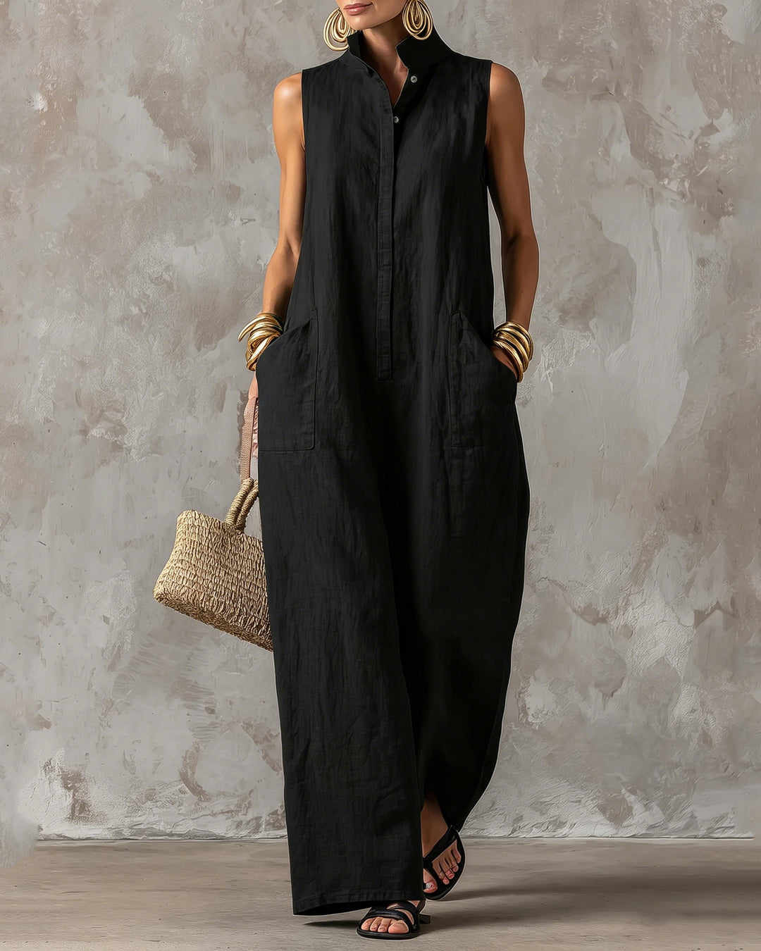 Stand-up Collar Sleeveless Linen Button-down Loose Wide-leg Jumpsuit