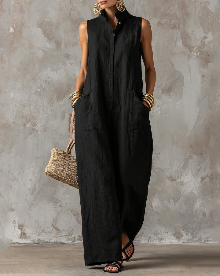 Stand-up Collar Sleeveless Linen Button-down Loose Wide-leg Jumpsuit