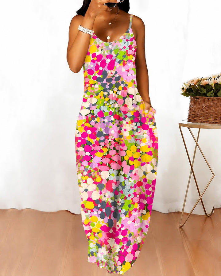 Sling Colorful Polka Dot Flowers Print Pocket Maxi Dress
