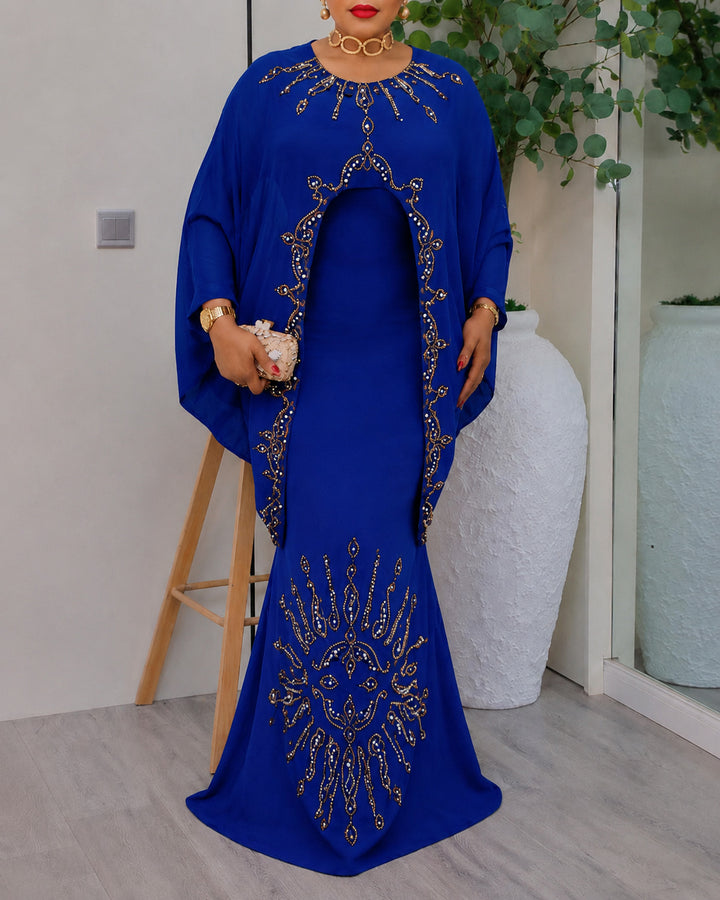 Gold Rhinestone Embroidered Cape Cloak Mermaid Evening Gown Maxi Dress