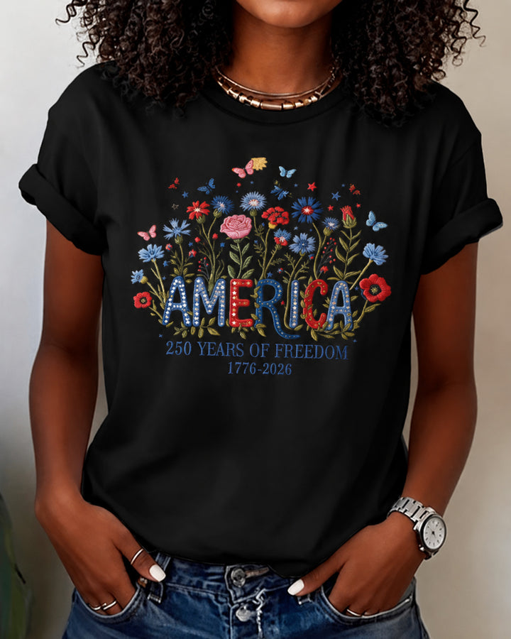 100% Cotton America 250 Years USA Floral Crew Neck Short Sleeve Tshirt