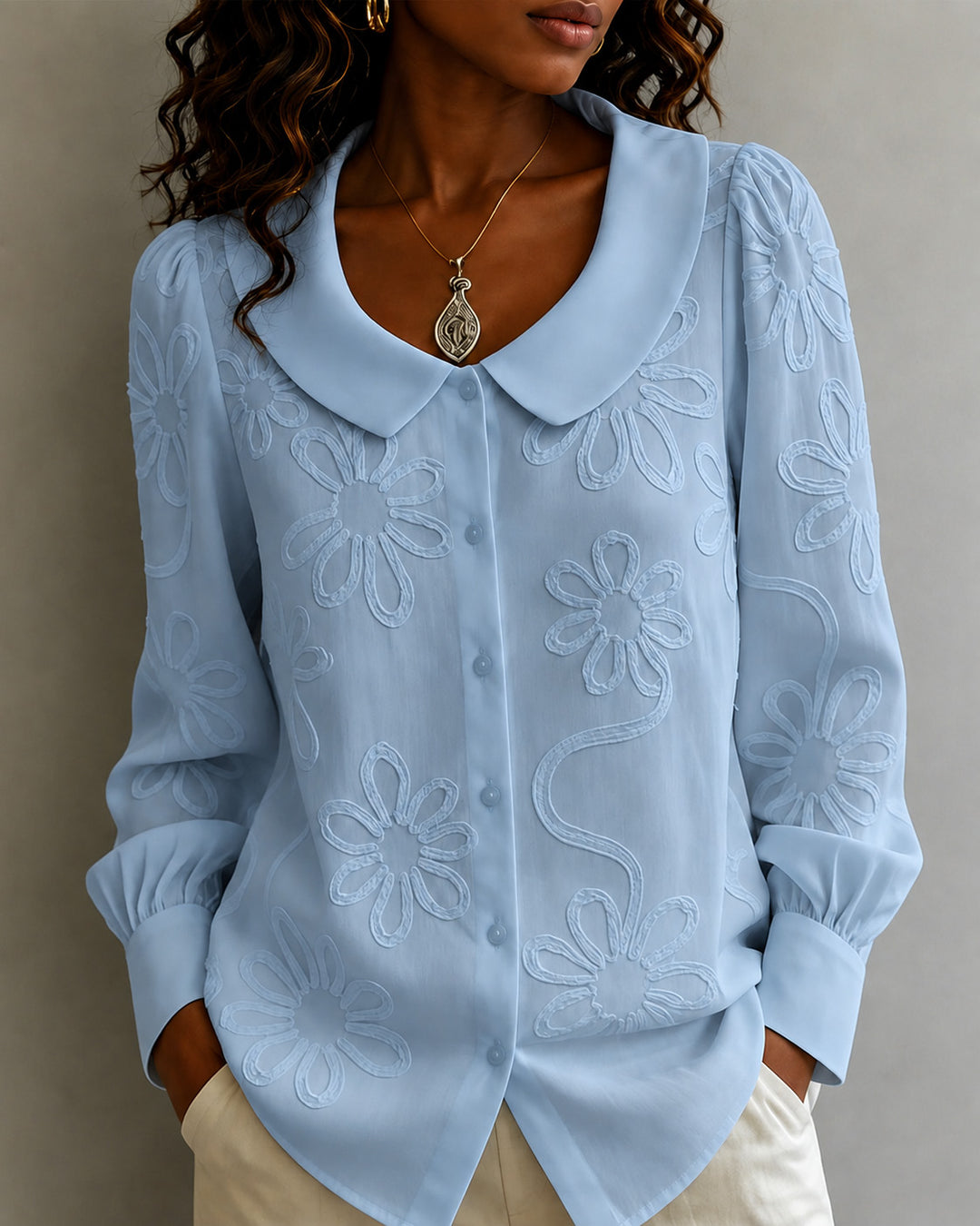 Peter Pan Collar Long Sleeve Embroidered Button Down Shirt