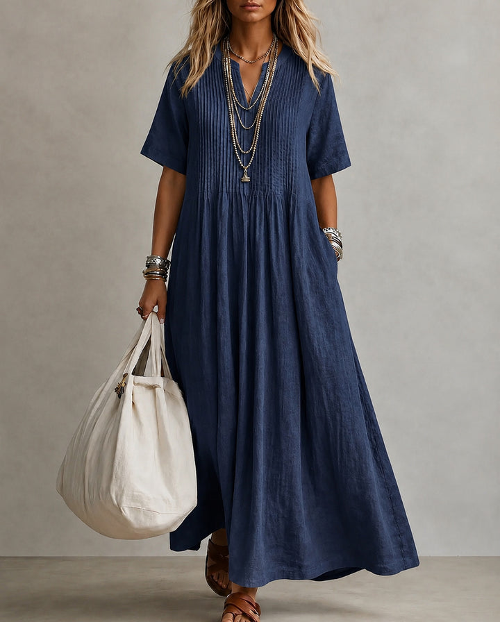 Loose V-neck Short-sleeved Pleated Cotton-linen Dress