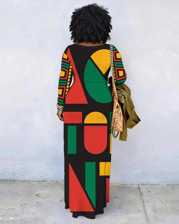Geometric Print Crew Neck Long Sleeve Dress