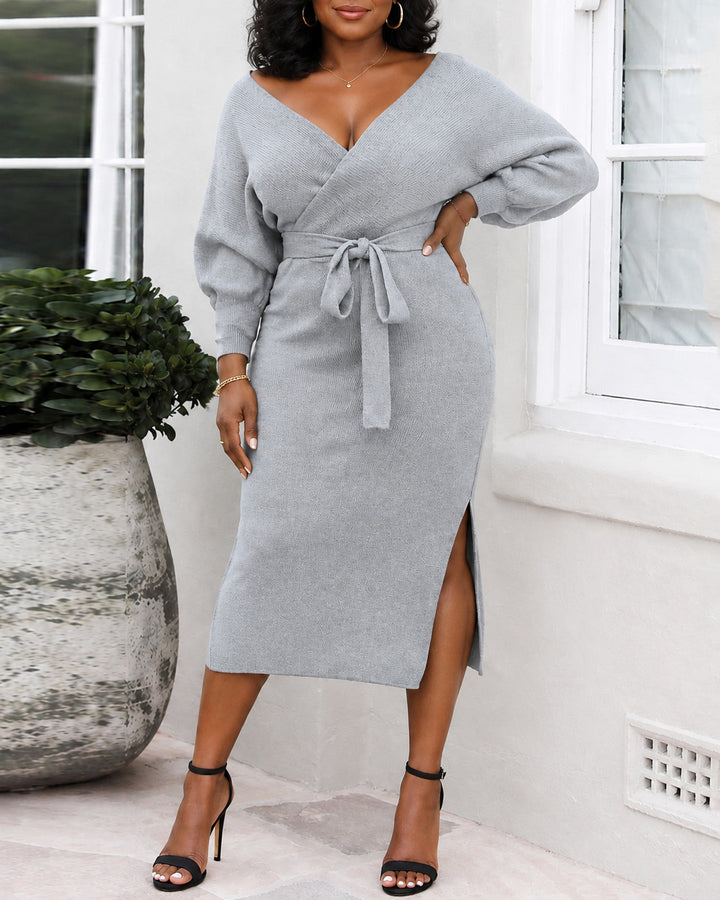 Women's Wrap V Neck Midi Knit Dress