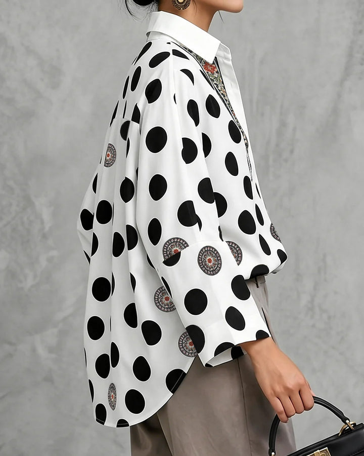 Bohemian Floral Polka Dots Loose Long Sleeves Lapel Blouses&Shirts Tops