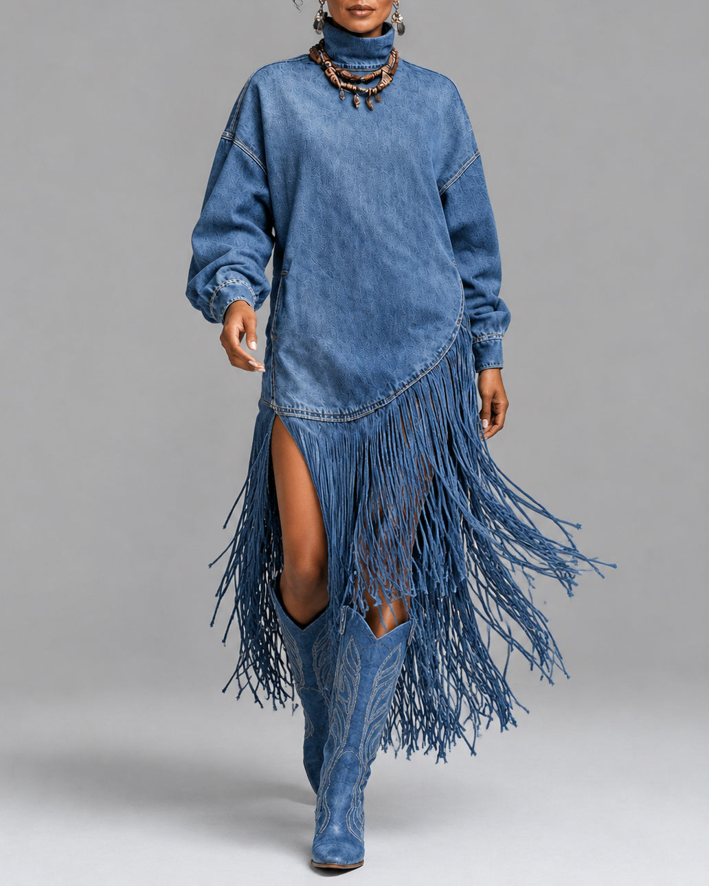 Women's Western Cowgirl Denim Fringe Maxi Dress