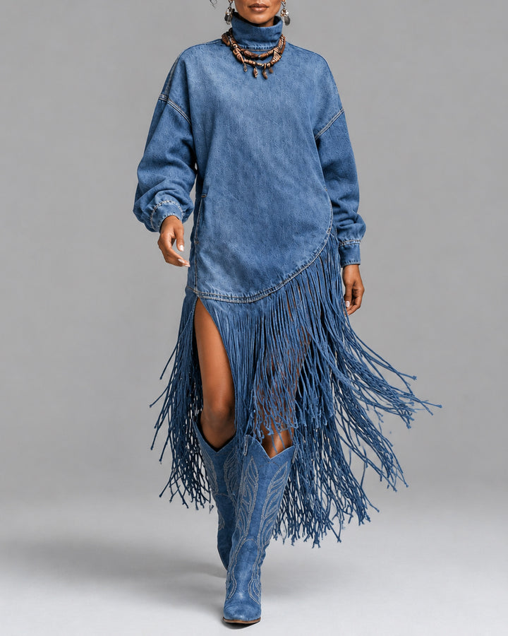 Women's Western Cowgirl Denim Fringe Maxi Dress
