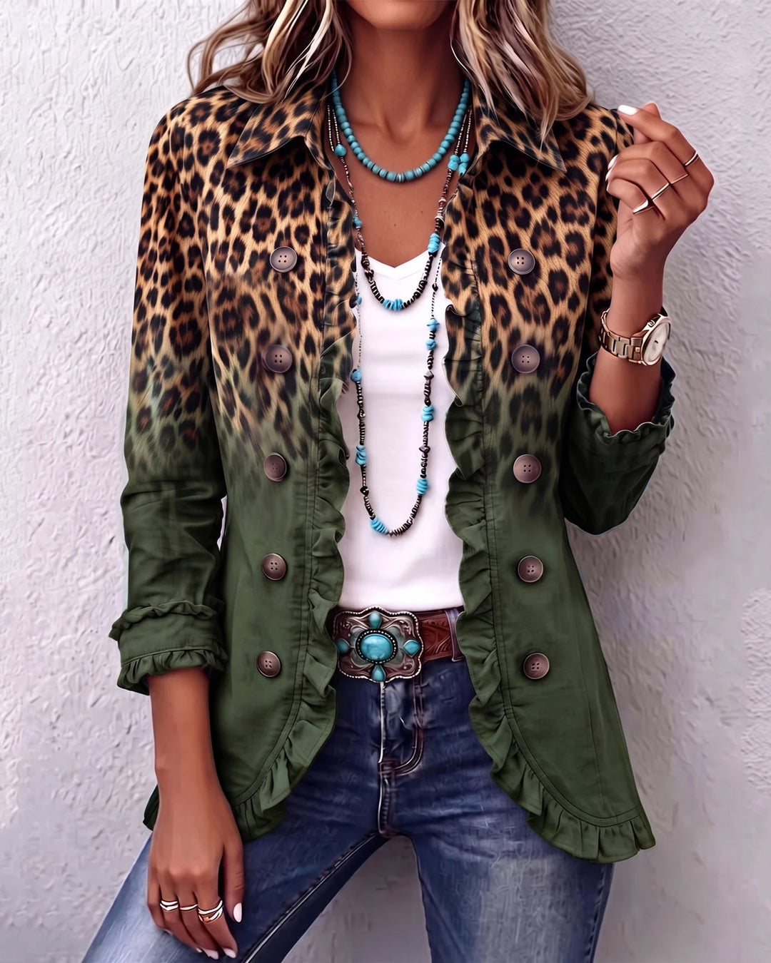 Boho Leopard & Teal Ruffle Blazer Jacket