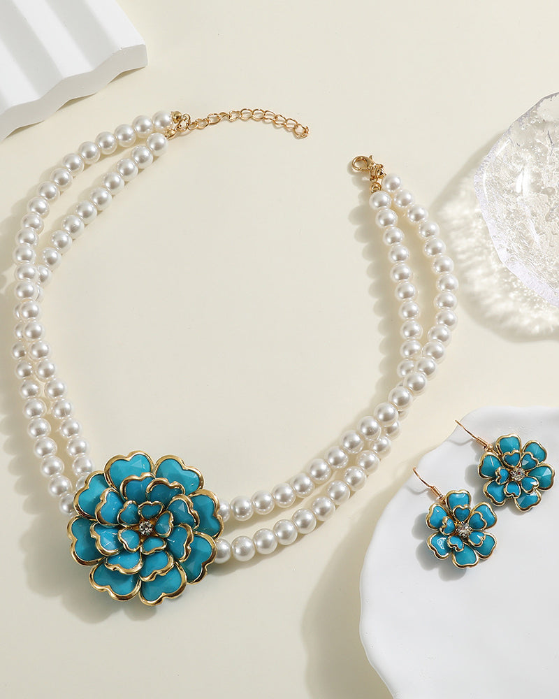 Pearl Camellia Earrings and Necklace Two-Piece Set