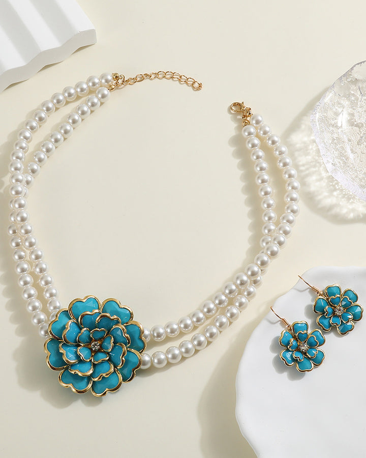 Pearl Camellia Earrings and Necklace Two-Piece Set