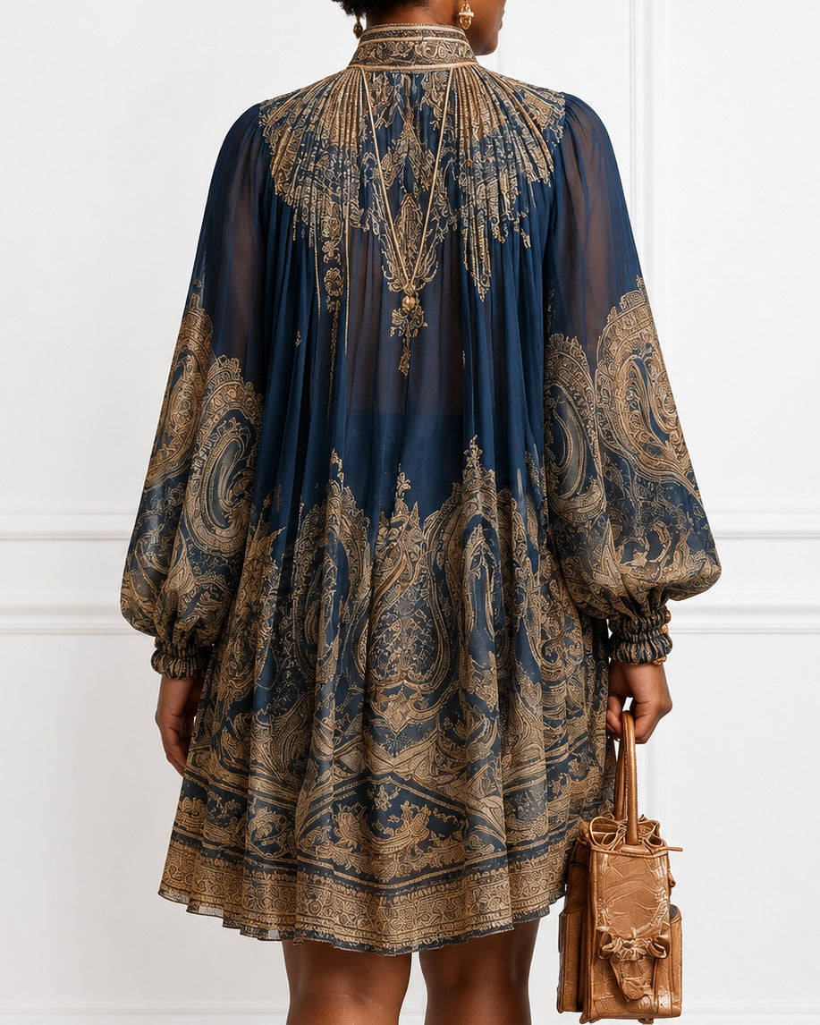 Baroque Print High-neck Irregular Chiffon Mini Dress