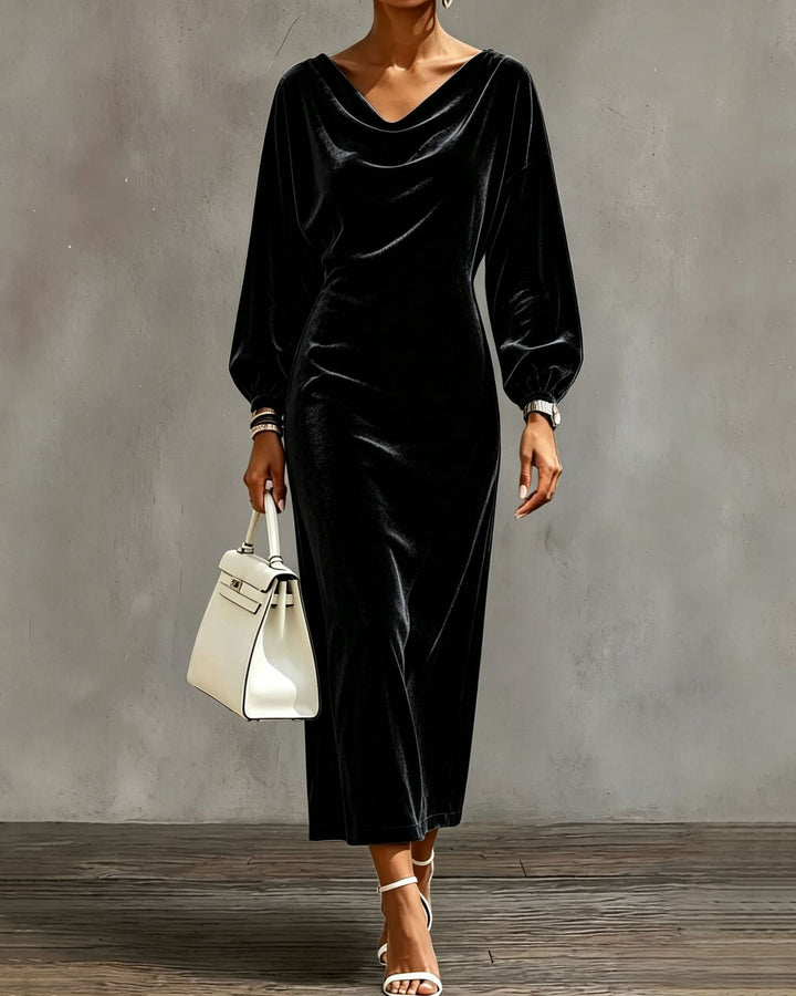 Cowl Neck Batwing Long Sleeve Velvet Midi Dress