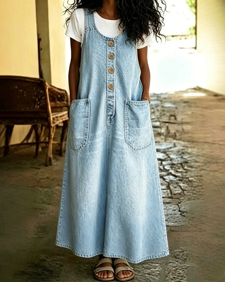 Denim U-neck Sleeveless Pocket Dress