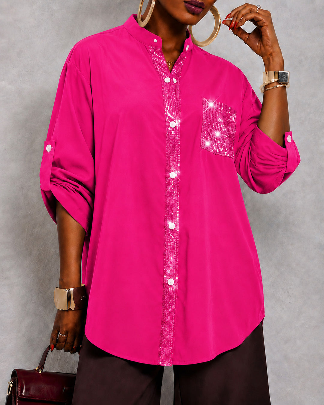 Semi-stand Collar Sequined Pocket Button-down Shirt
