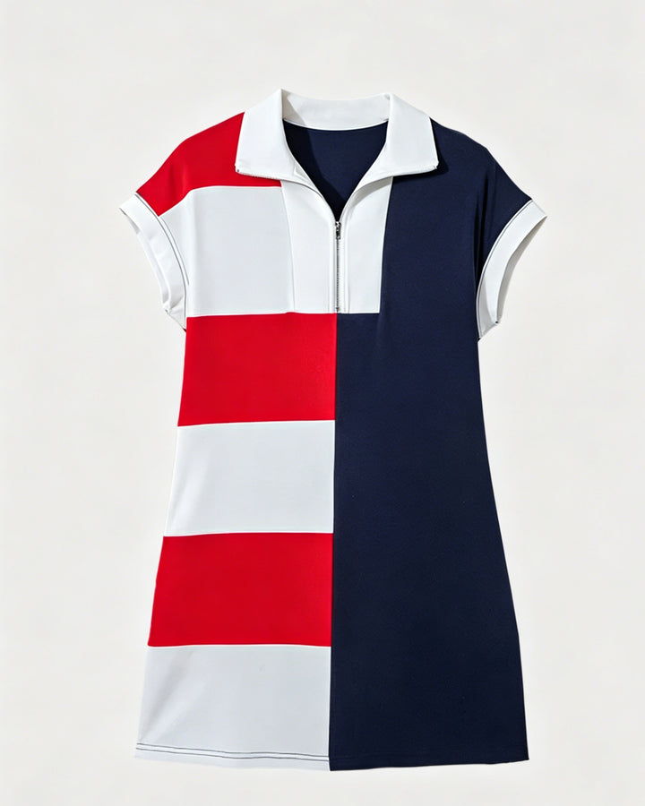 Color Block Zipper Stand Collar Polo Mini Dress