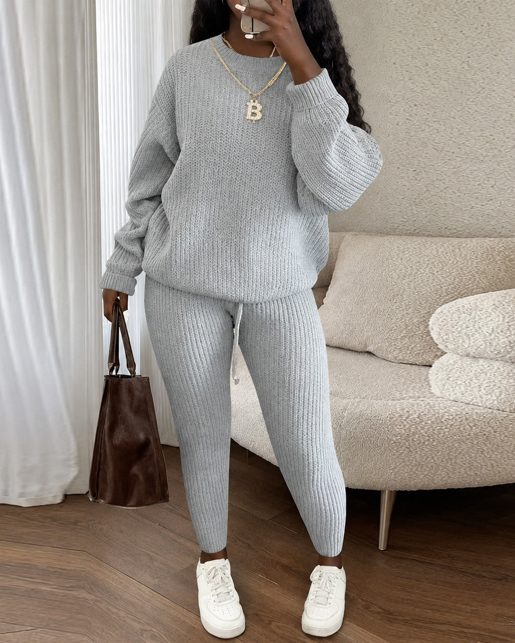 Women's Crew Neck Long Sleeve Oversized Ribbed Knit 2 Piece Outfit Set