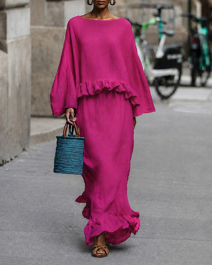 Linen‑Look Ruffle Two‑Piece Set, Boat Neck Bell Sleeve Top & Maxi Skirt