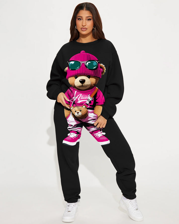 Cute Cartoon Bear Print Crew Neck Sweatshirt Two Pieces Set