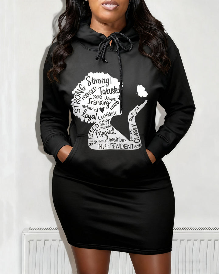 Black Girl Magic Pocket Drawstring Long Sleeve Hoodie Dress
