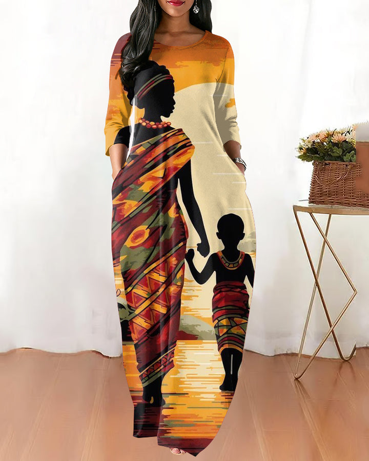 Round Neck Retro Black Art Prints Long Sleeves Maxi Dress