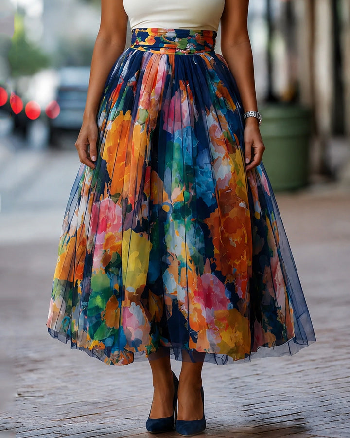 Watercolor Floral Print Tulle High Waist A‑Line Midi Skirt With Pockets