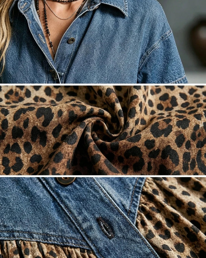Women’s Denim Spliced Gradient Leopard Print Shirt Midi Dress