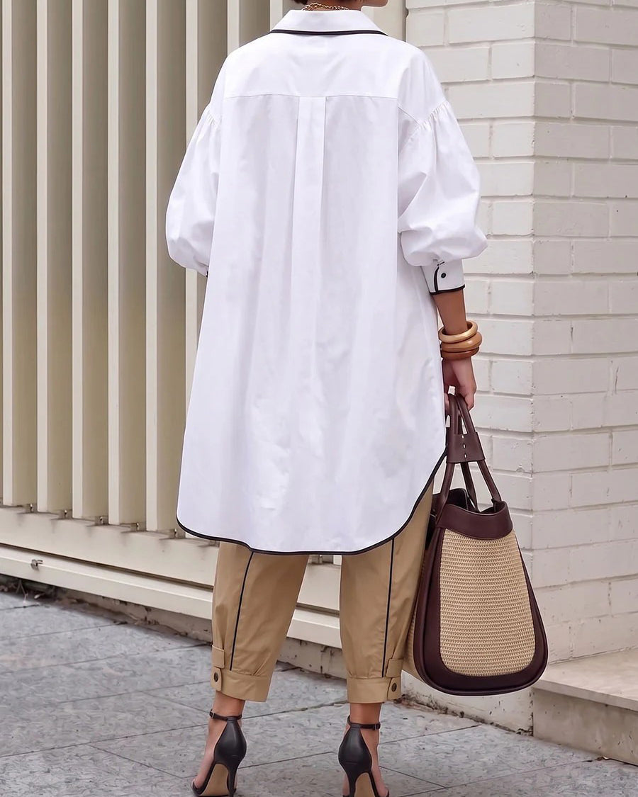 Contrast Color Buttoned Loose Long Sleeves Lapel Blouses&shirts Tops