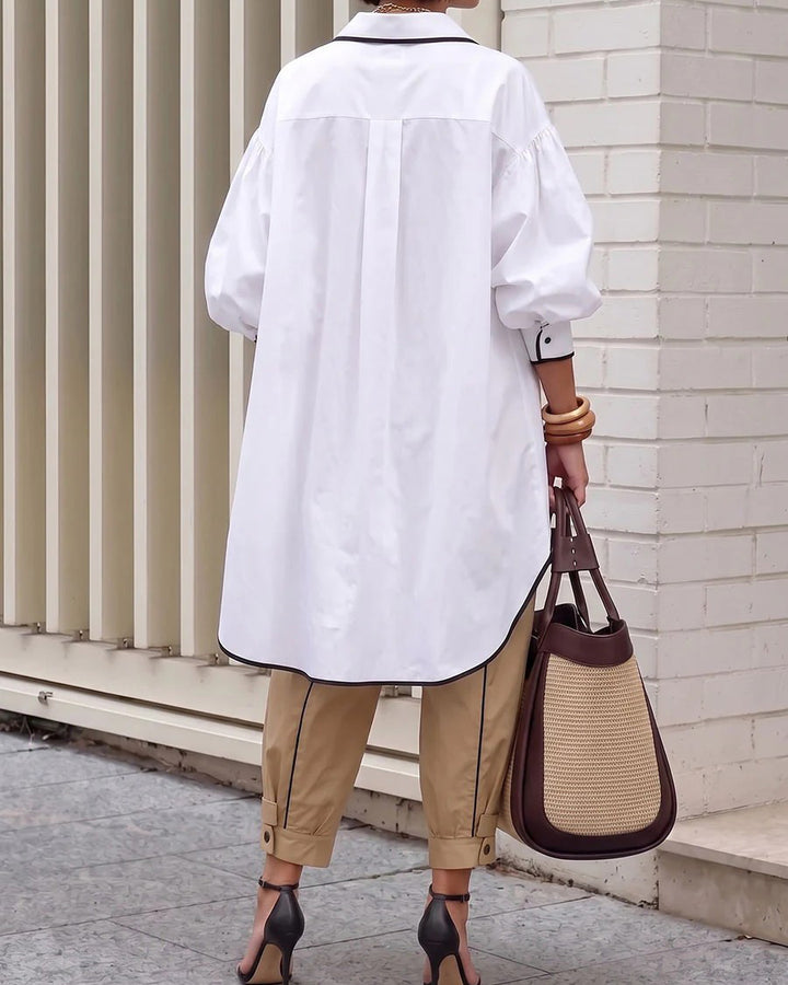 Contrast Color Buttoned Loose Long Sleeves Lapel Blouses&shirts Tops