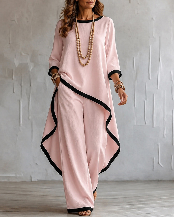 Loose Round-neck High-low Asymmetric Blouses&shirts Tops + Pockets Pants Trousers Two Pieces Set