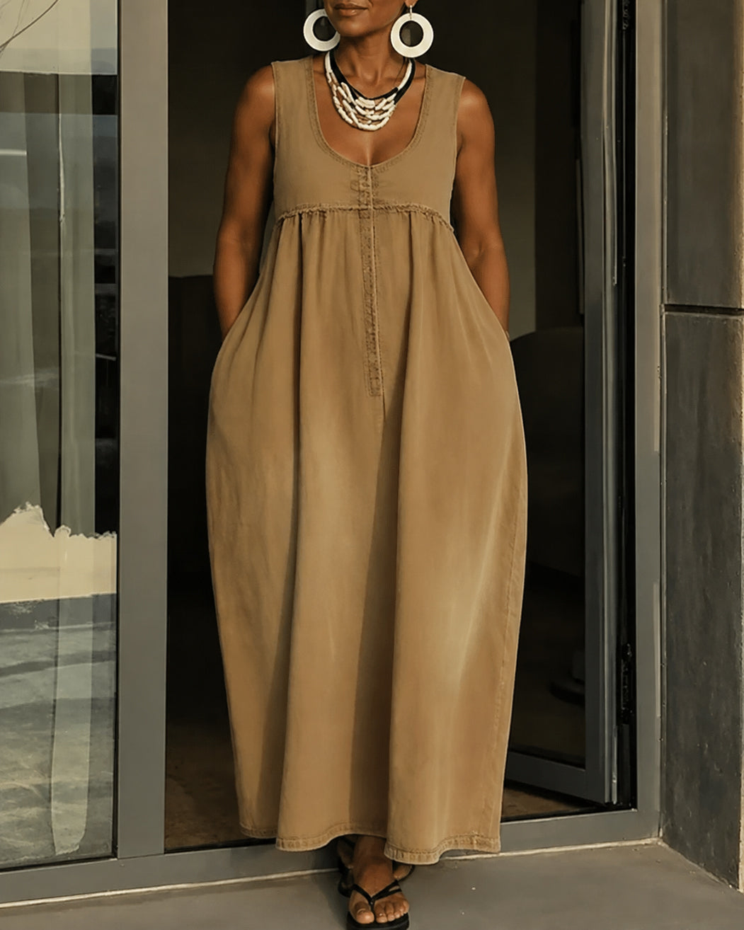 Stylish Sleeveless Loose-fitting Pocket Casual Denim Maxi Dress