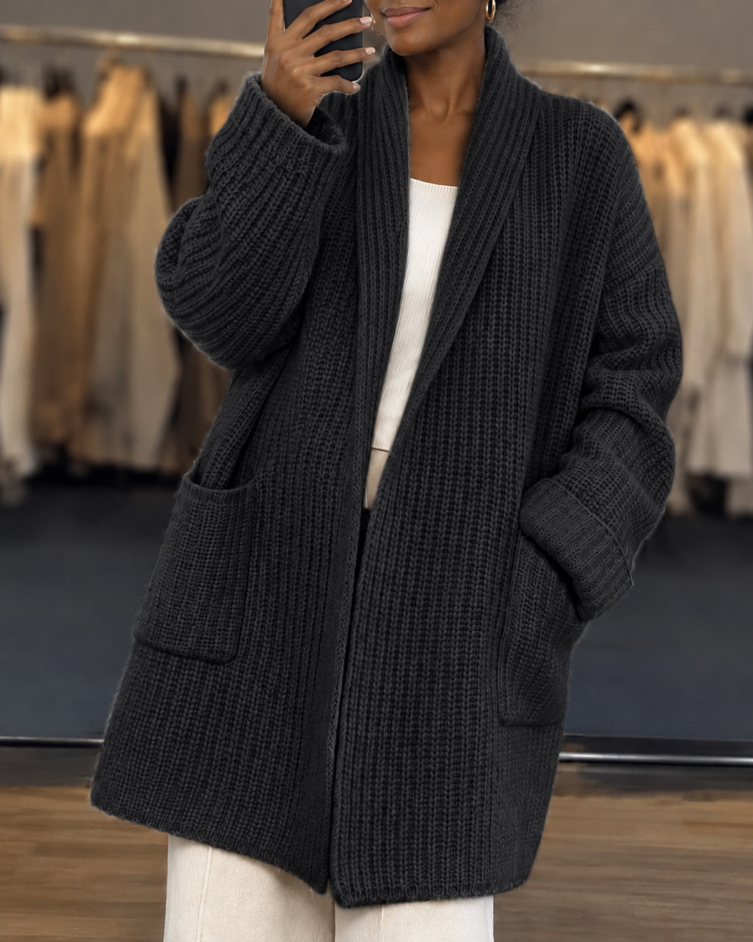 Long Open-Front Oversized Women’s Knit Cardigan with Pockets