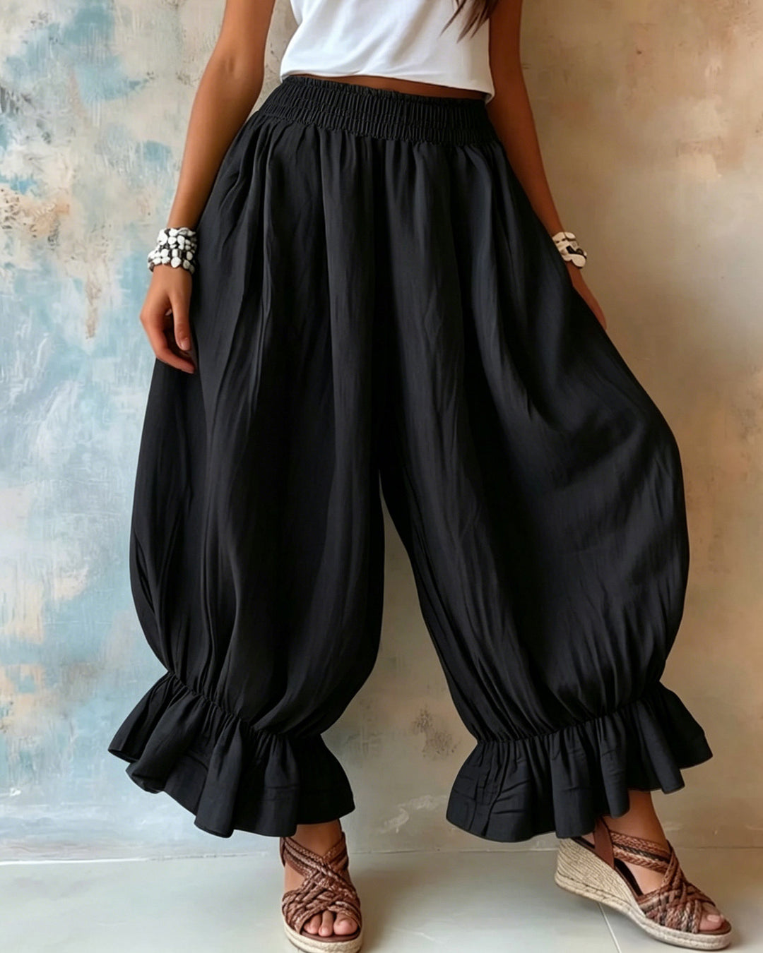 High Waist Loose Linen Blend Cropped Wide Leg Trousers