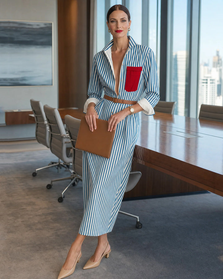 Women's Blue And White Cotton Striped Shirt Dress