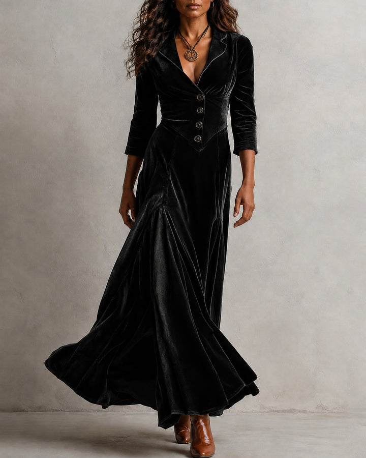 Velvet Lapel V‑Neck Retro Waist Button Maxi Dress