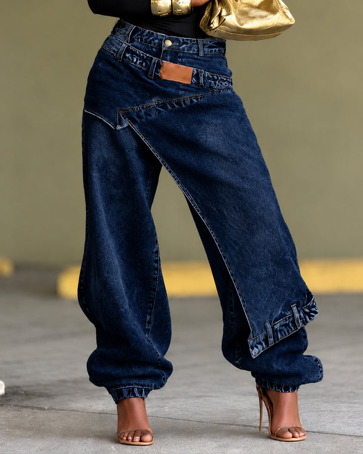 Women's Asymmetrical Wrap Layered Baggy Jeans