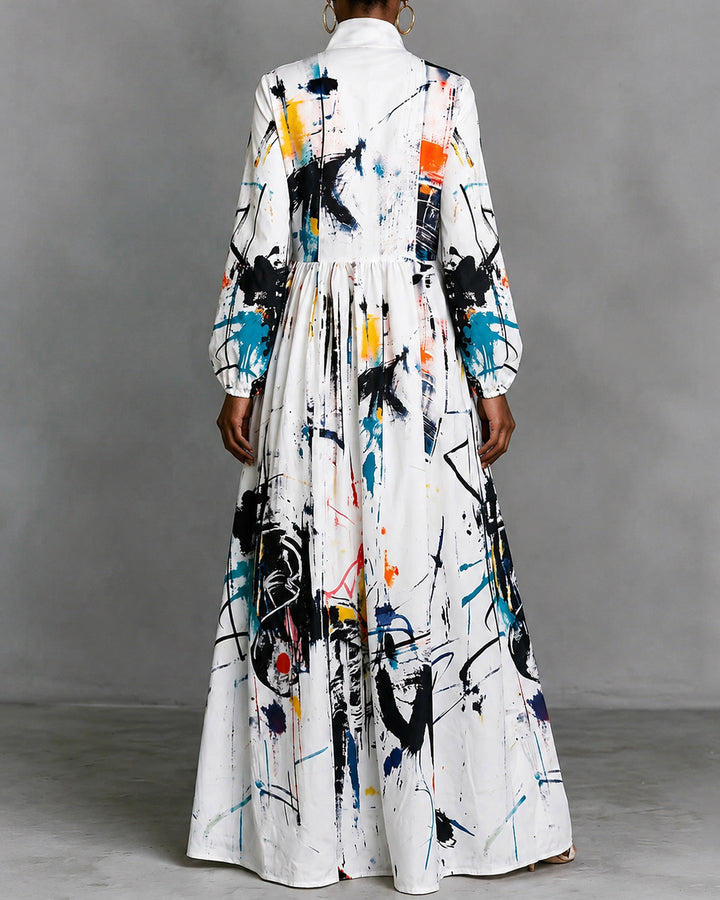 Abstract Graffiti Art Long Sleeves Buttoned Pleated Pockets Maxi Dresses Shirt Dress