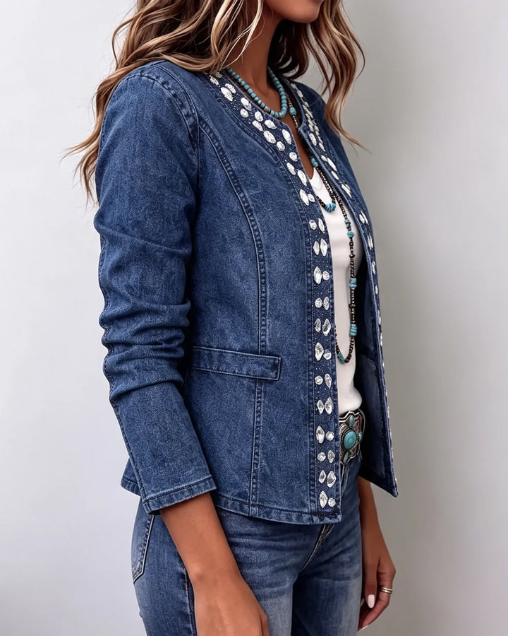 Elegant Rhinestone Trim Stretch Denim Jacket
