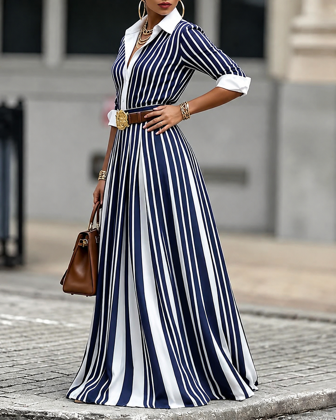 A-Line Loose Buttoned Contrast Color No Belt Striped Lapel Maxi Dresses