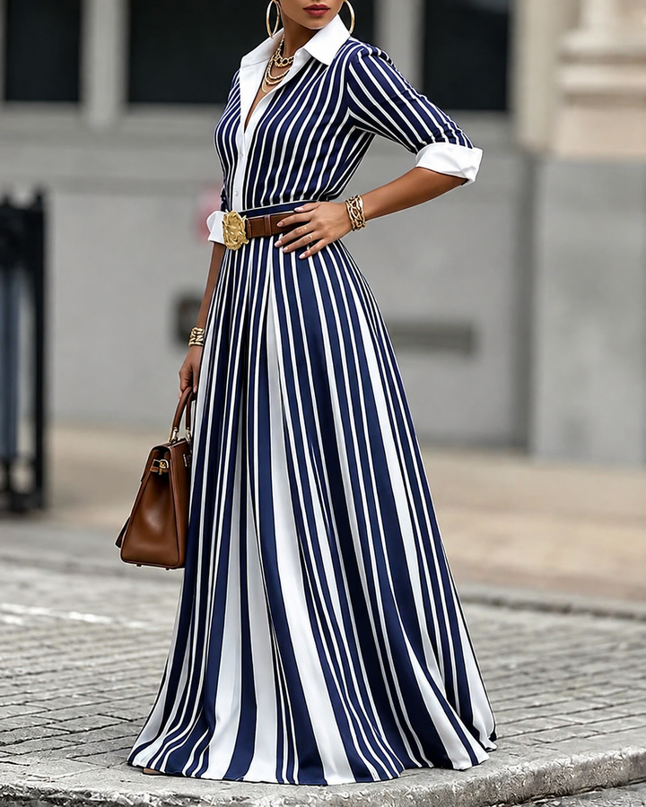 A-Line Loose Buttoned Contrast Color No Belt Striped Lapel Maxi Dresses