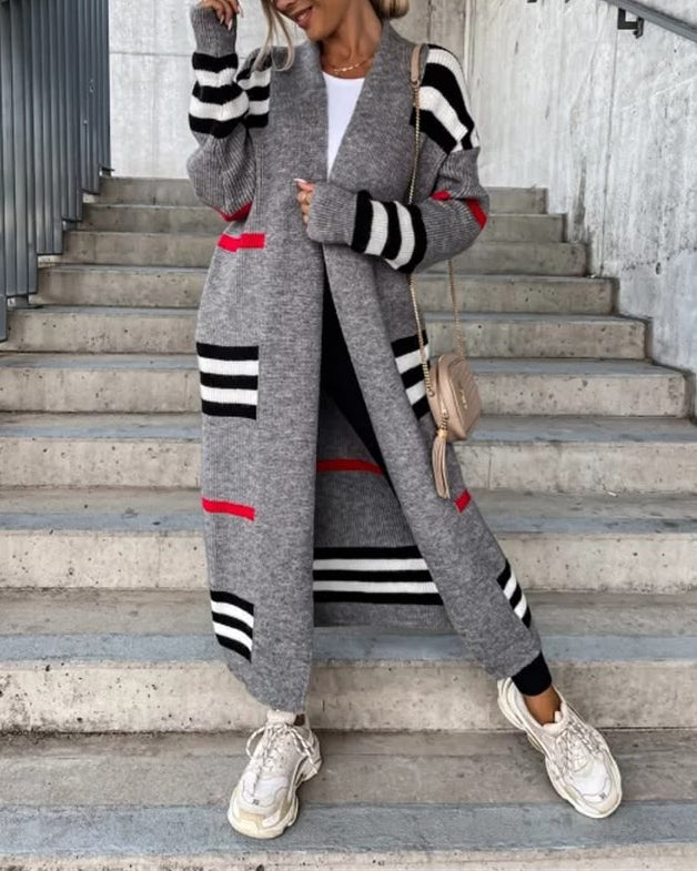 Color Block Striped Open Front Long Knit Cardigan