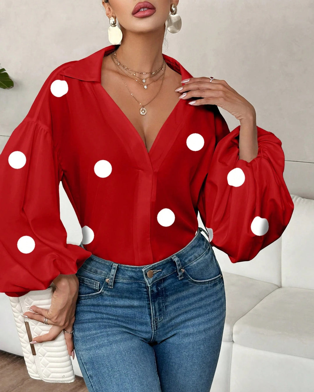 Collared V‑Neck Balloon Long Sleeve Blouse
